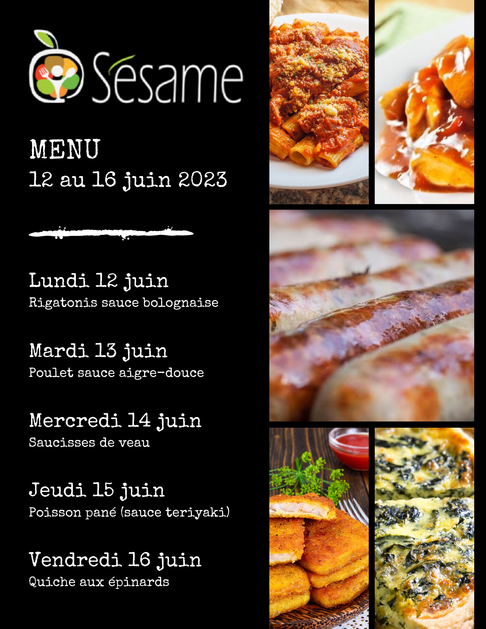 Sésame - Menu 12 au 16 juin 2023