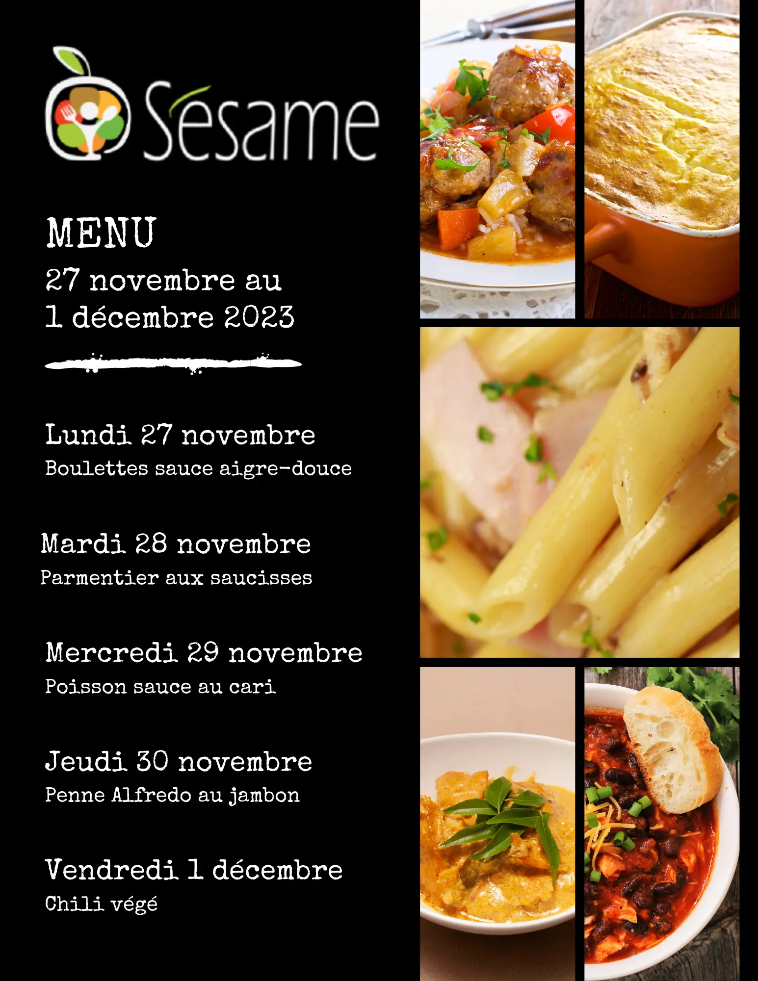 Sésame - Menu 27 novembre au 1 décembre 2023